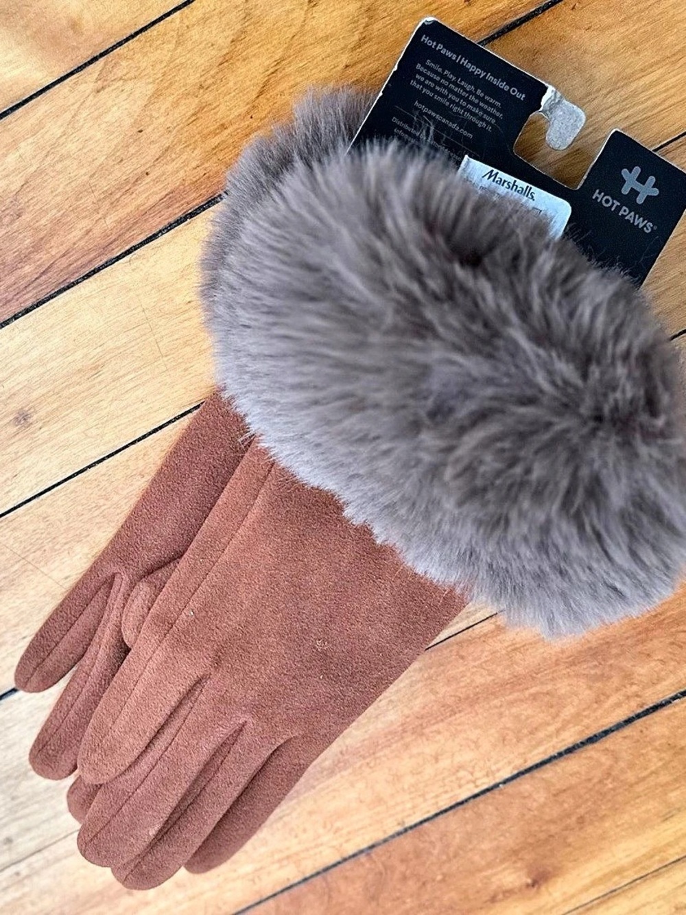 Hot Paws Faux Fur Cuff Gloves in Brown & Gray